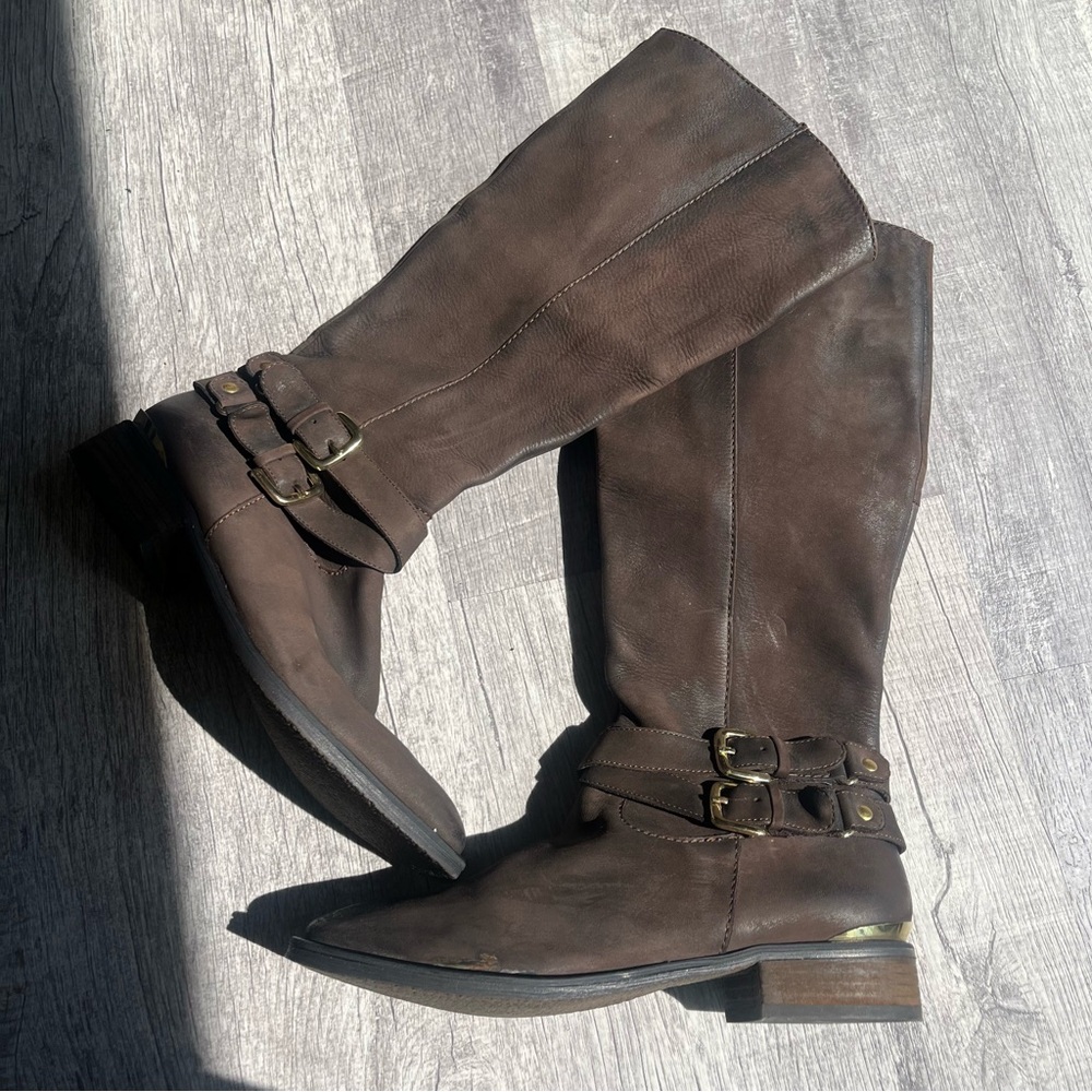 Steve Madden Avilla Brown Gold Nubuck Leather Side Zip Knee High Boots
